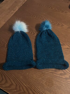 Rolled Brim Sparkly Blue Knit Hat with Faux Fur Pompom - image2